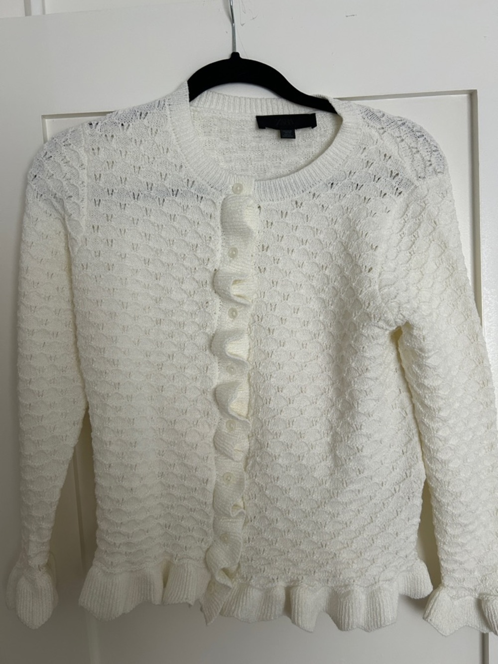 Zara Women's Cream Ruffle-Trim Knit Cardigan Sweater